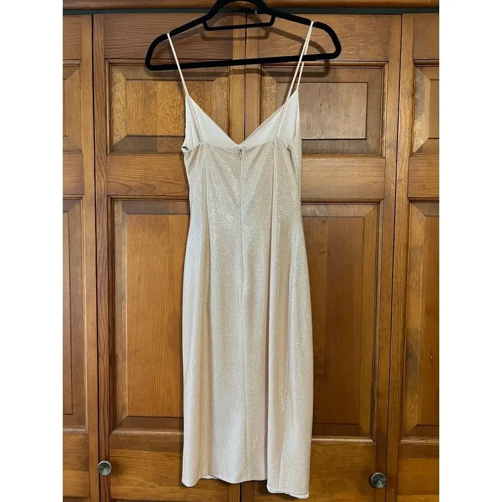 Black Halo Bowery Shirred Metallic Sheath Cocktail Dress Apricot Old Money SZ 2